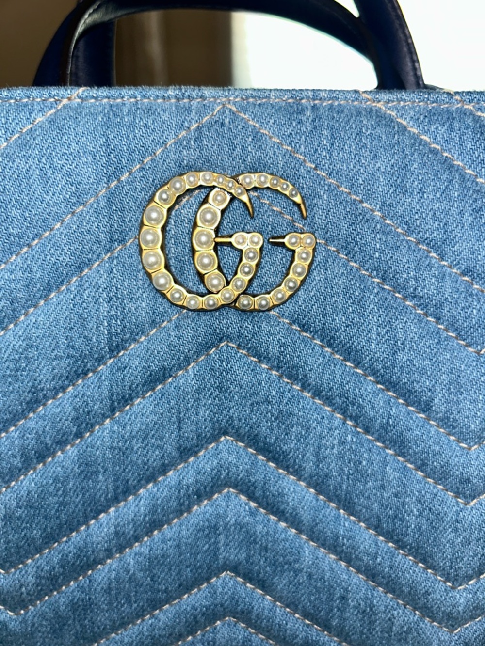 Gucci Light Blue Denim Top Handle Satchel with Pearl GG - Picture 3 of 8